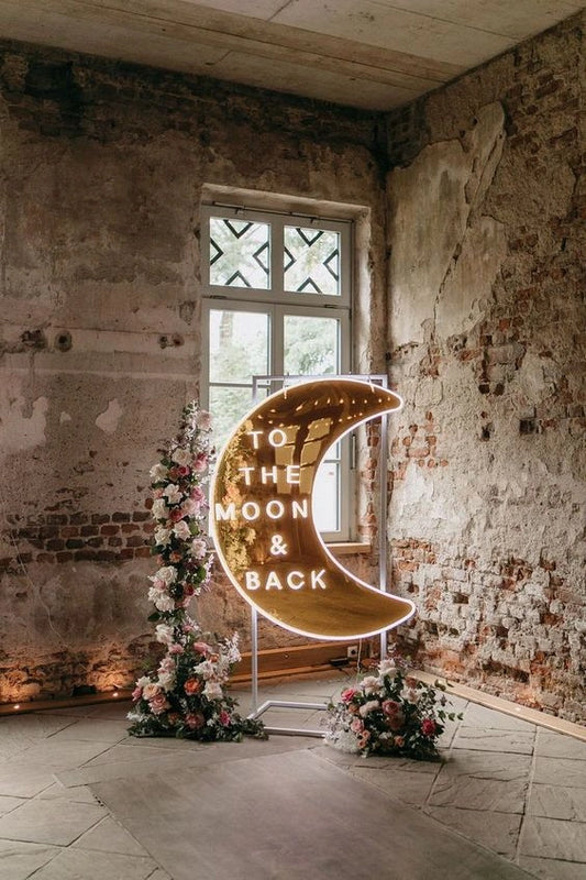 To The Moon & Back Crescent Moon Neon Sign for Weddings and Romantic Events