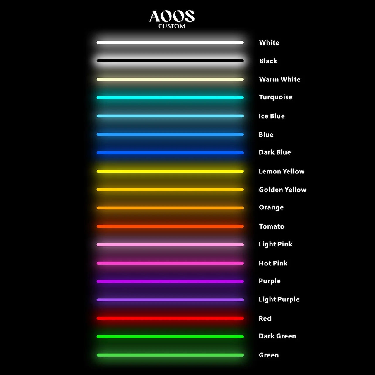 Color chart showcasing 18 different neon light colors from AOOS Custom, displayed vertically on a black background.