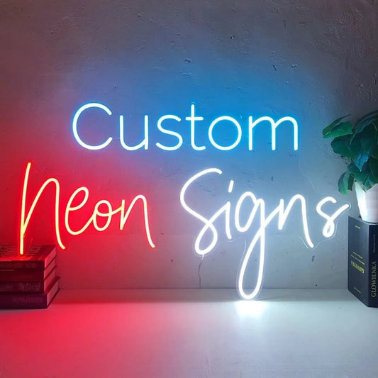 custom led neon letter sign with blue, red, and white lights on clear acrylic backboard, perfect for personalized wall decor, business branding, or event signage.